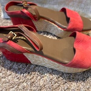 Cole Haan Super chic Red leathers with brown ankle strap & raffia Wedge Sandals